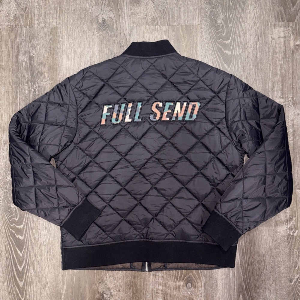 Full Send By Nelk Boys Camo Logo Quilted Puffer Bomber Jacket Black Men's Large